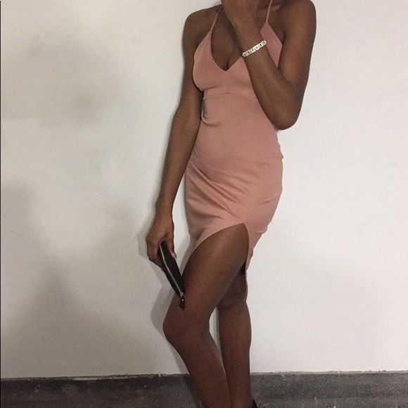 Blush pink cocktail dress with deep slit - Picture 3 of 3